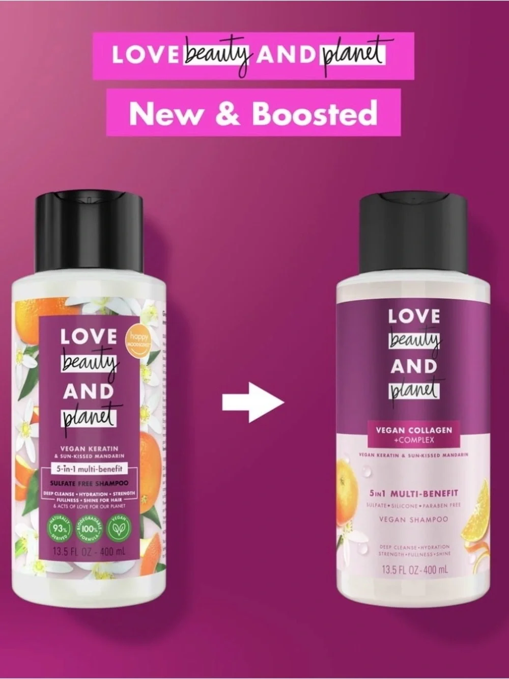 Love Beauty & Planet Shampoo Vegan 5 In 1 Keratin & Sun-kissed Mandarin 13.5ozX4